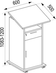 Technische Strichzeichnung eines mobilen Rednerpults mit schräger Ablagefläche, abschließbarer Tür und Rollen, Maße ca. 600 x 500 mm, Höhe 1083–1200 mm, Perspektive: schräg von vorn oben.