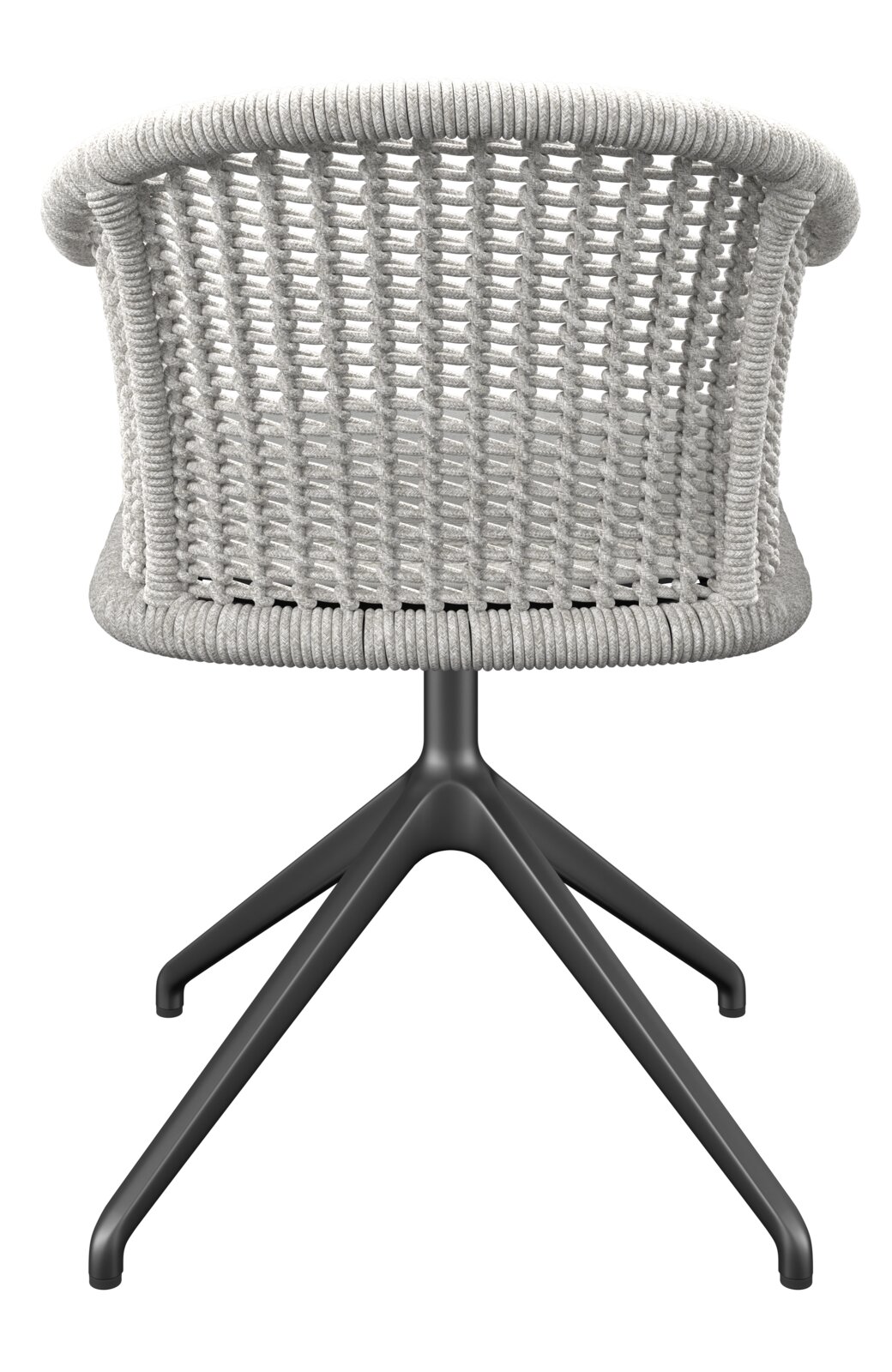 Achterkant van een fauteuil met gevlochten rugleuning en een zwart metalen frame.