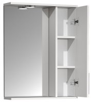 Weißer Spiegelschrank/Badschrank mit integrierter LED-Beleuchtung, geöffneter rechter Tür und drei Innenfächern, Ansicht schräg von vorn rechts.