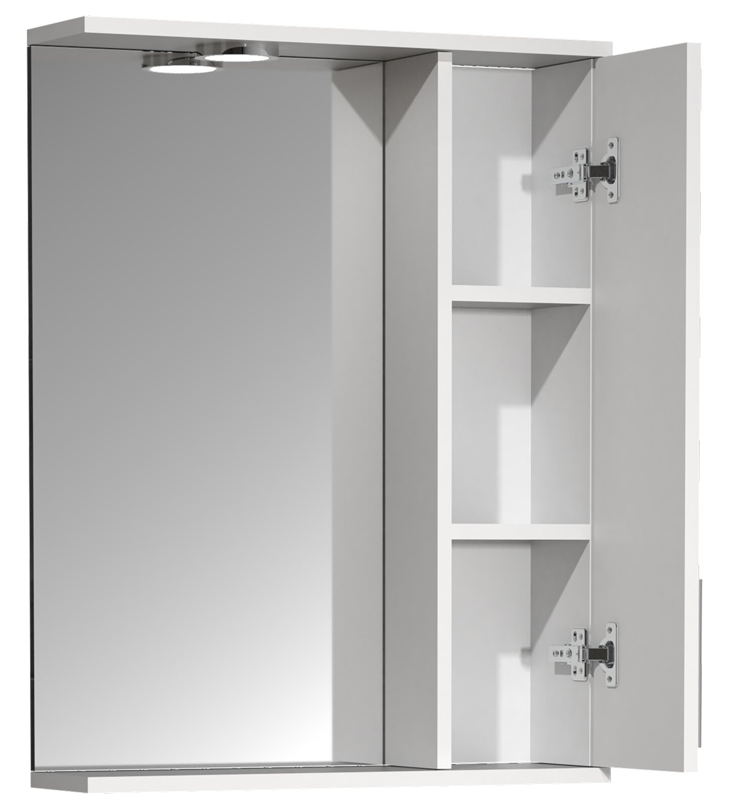 Weißer Spiegelschrank/Badschrank mit integrierter LED-Beleuchtung, geöffneter rechter Tür und drei Innenfächern, Ansicht schräg von vorn rechts.