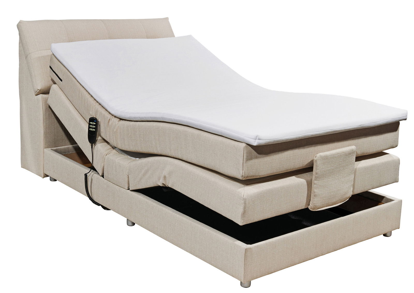 Beiges Boxspringbett mit verstellbarem Kopf- und Fußteil, seitliche Perspektive