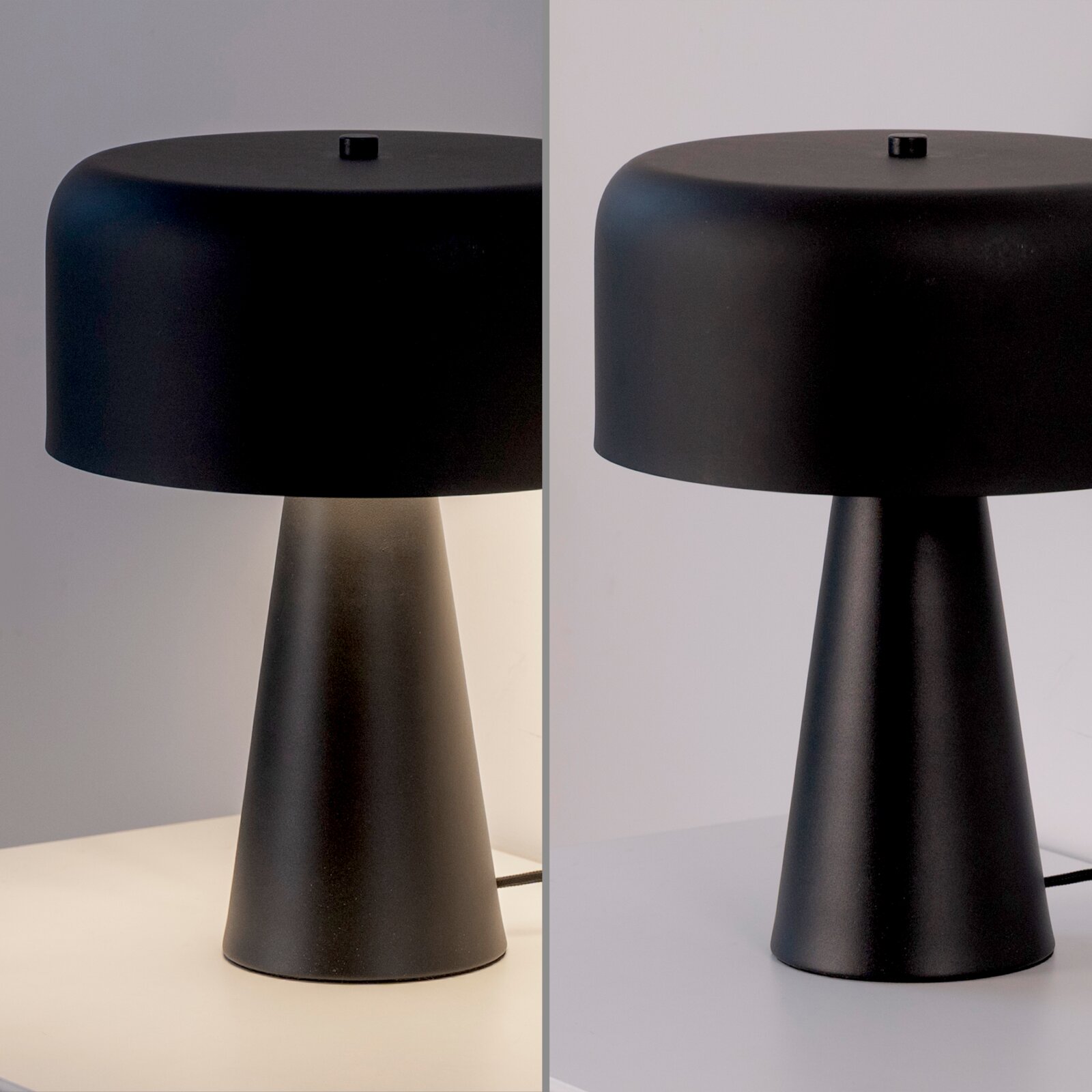 Schwarze Tischlampe mit mattem, zylindrischem Lampenschirm und konischem Fuß, frontale Ansicht auf neutralem Hintergrund