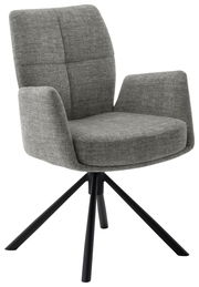 Grauer Sessel mit gepolsterten Armlehnen und schwarzem Metallgestell, seitliche Perspektive