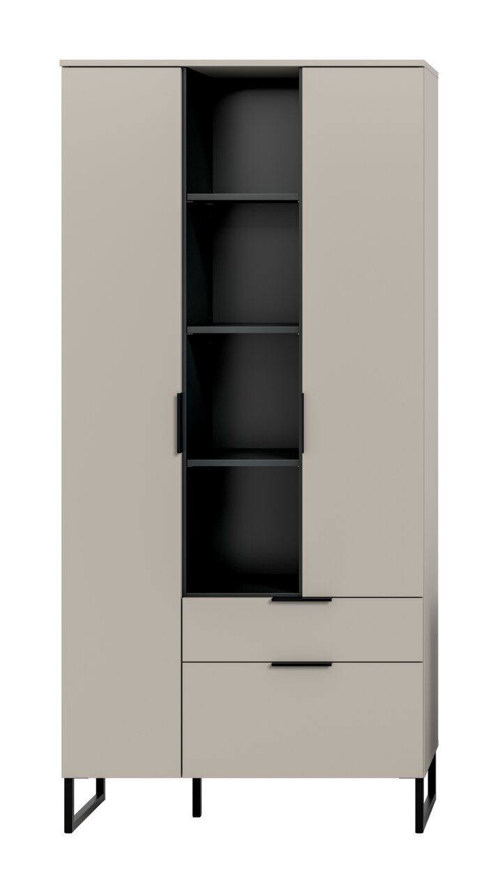 Beiger, moderner Hochschrank mit zwei Türen, mittigem offenem Regalbereich und zwei Schubladen, schwarze Griffe und Metallfüße, Frontansicht