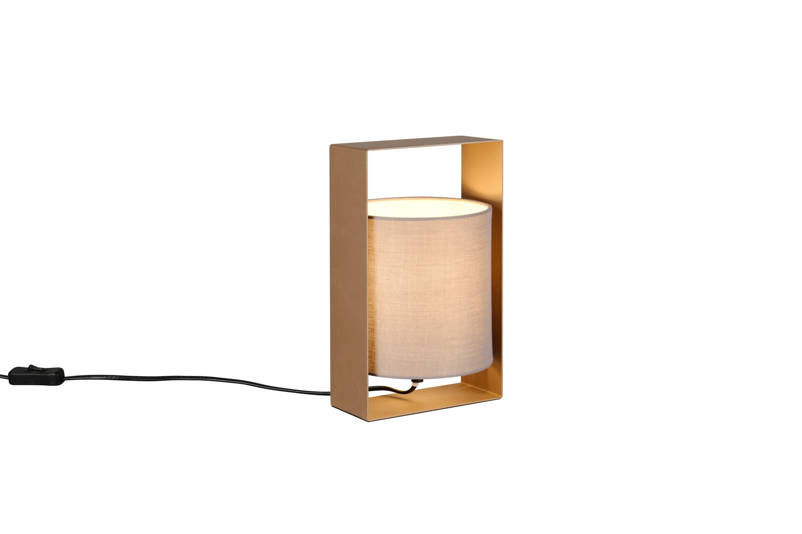Moderne Tischleuchte mit rechteckigem, goldfarbenem Rahmen und zylindrischem Stoffschirm, seitliche Perspektive