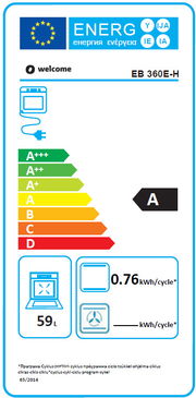 Energieeffizienzlabel für ein Küchengerät, Modell EB 360E-H, mit Energieklasse A, 59 Liter Volumen, Energieverbrauch von 0,76 kWh pro Zyklus, frontal abgebildet.