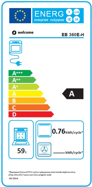Energieeffizienzlabel für ein Küchengerät, Modell EB 360E-H, mit Energieklasse A, 59 Liter Volumen, Energieverbrauch von 0,76 kWh pro Zyklus, frontal abgebildet.