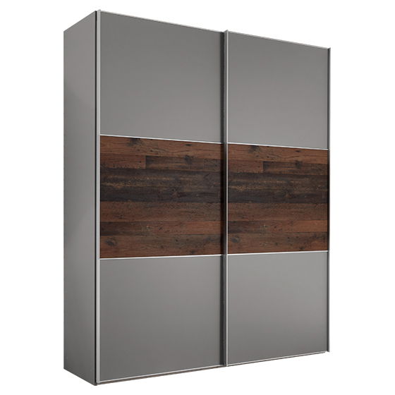Schwebetürenschrank mit grauen Türen und einem mittleren Holzdekorstreifen, Frontalansicht