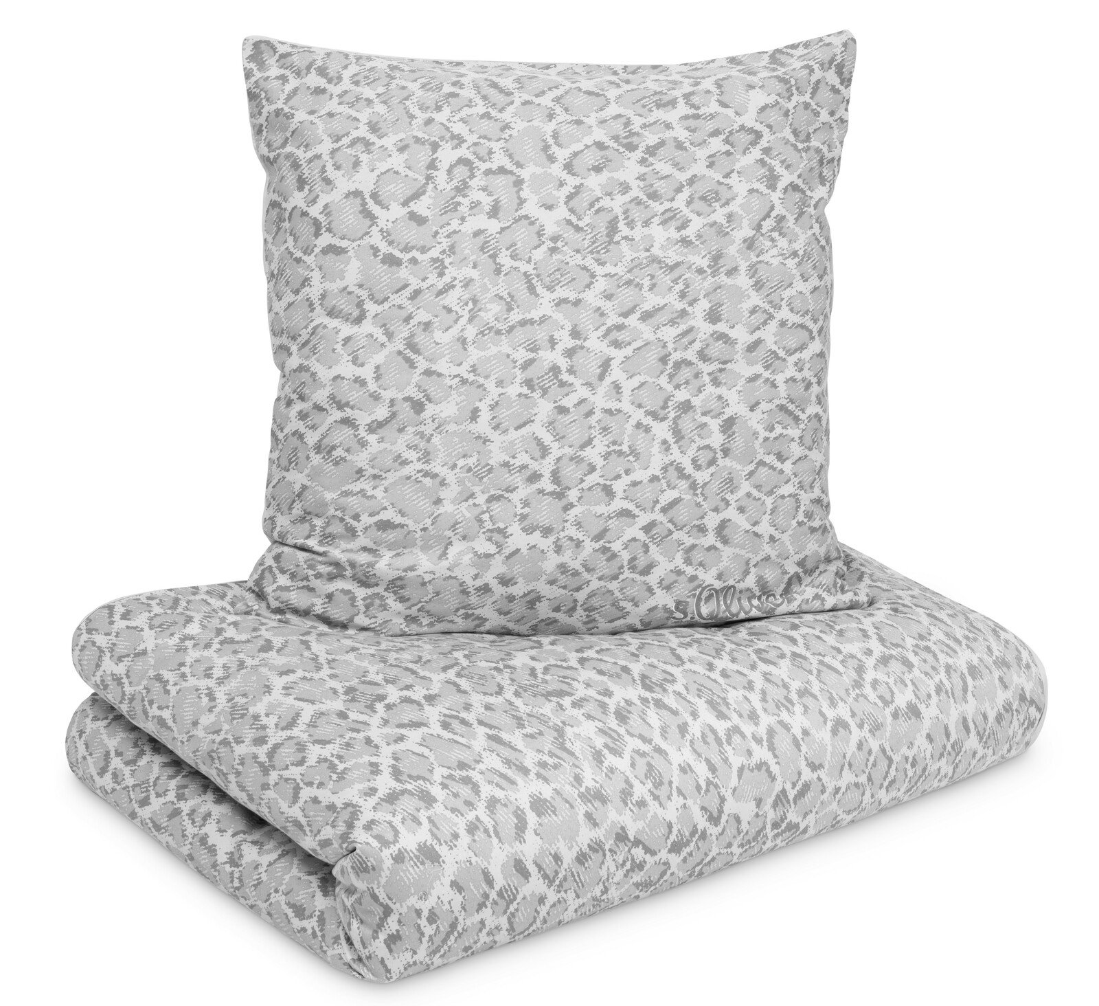 Bettwäsche-Set mit grauem Leopardenmuster, bestehend aus einem Kissenbezug und einem Bettdeckenbezug, frontal abgebildet.