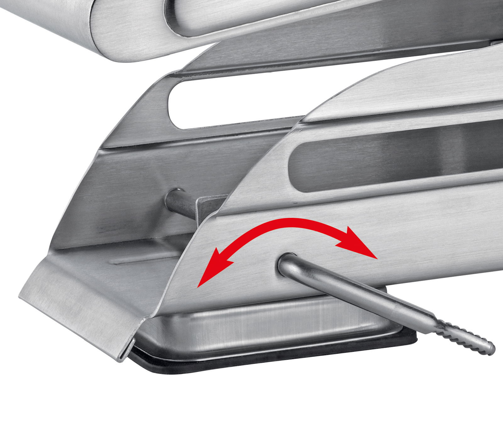 Nahaufnahme eines Pommes-Frites-Schneiders aus Edelstahl mit Hebelmechanismus und rotem Pfeil, der die Bewegungsrichtung anzeigt.