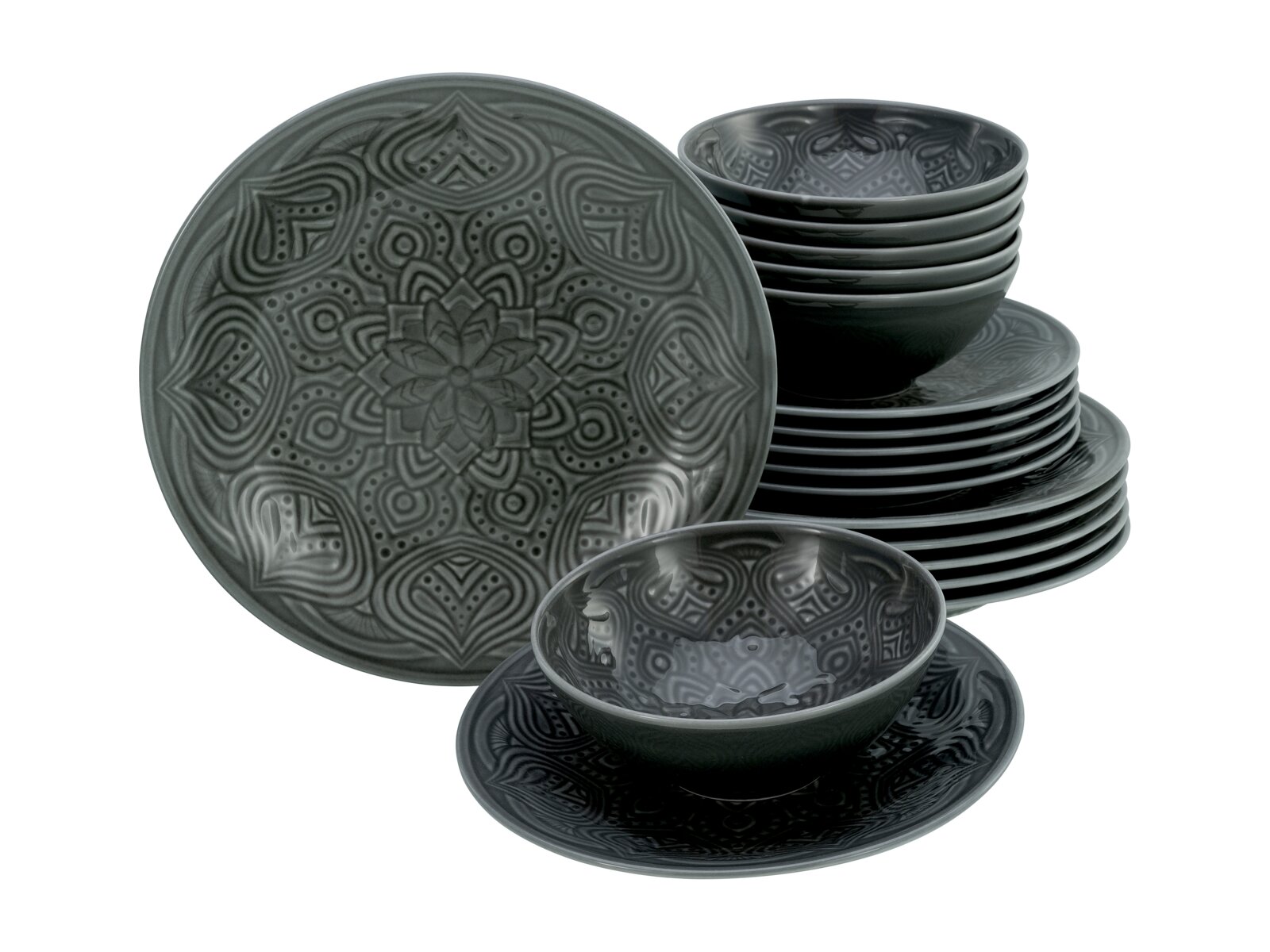 Creatable Tellerset 18-tlg ORIENT MANDALA Dunkelgraues Keramik-Geschirrset mit geprägtem Mandala-Ornament, gestapelte Schalen und Teller sowie ein großer Teller im Vordergrund, schräg von vorn auf weißem Hintergrund fotografiert