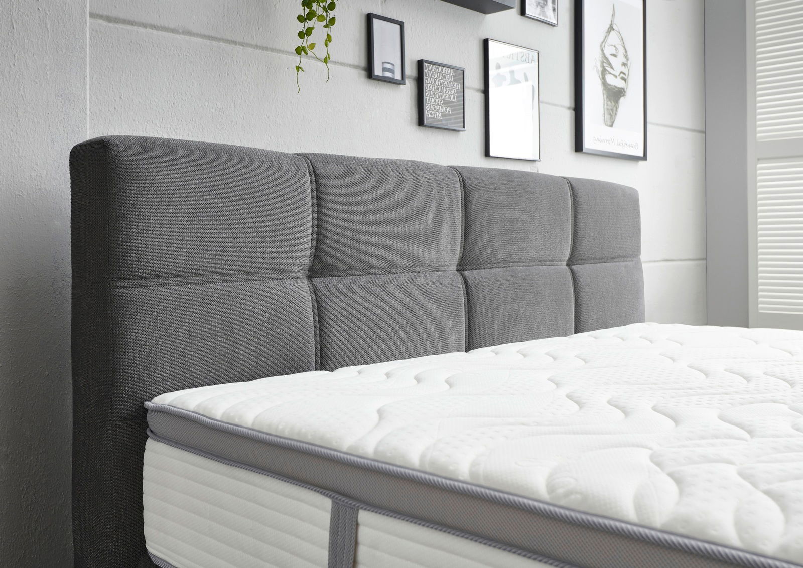 Graues Boxspringbett mit gepolstertem Kopfteil, seitliche Perspektive