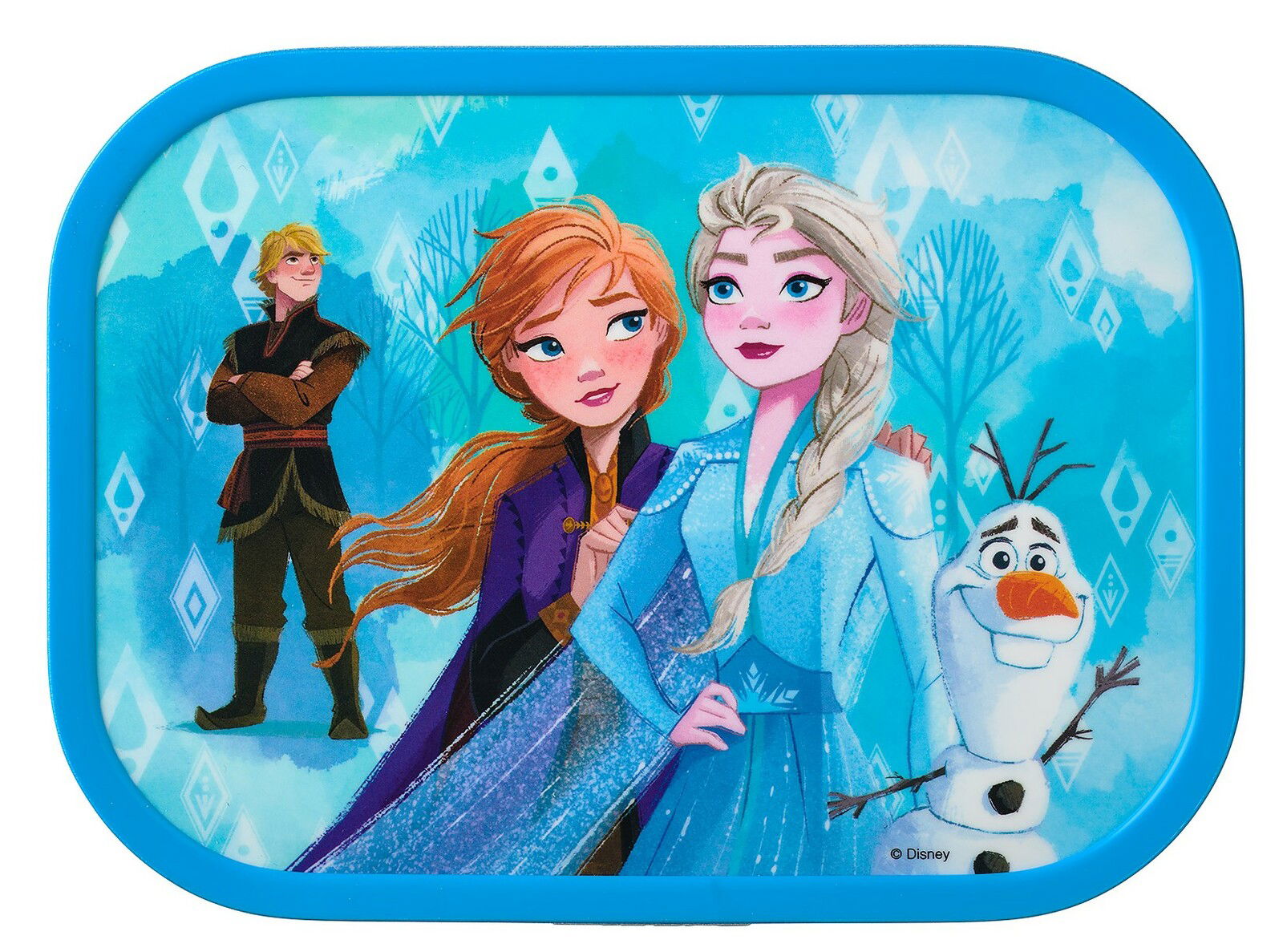 Brotbox mit Frozen 2 Motiv, zeigt Charaktere Elsa, Anna, Kristoff und Olaf, Vorderansicht