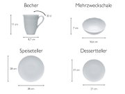 Weißes Geschirr-Set mit Becher (30 cl, 11 cm hoch, 8,7 cm Durchmesser) in Seitenansicht sowie Mehrzweckschale (Ø 16,6 cm, 7 cm hoch) und Speise- (Ø 28 cm) und Dessertteller (Ø 21 cm) in Draufsicht, jeweils mit Maßangaben auf weißem Hintergrund.
