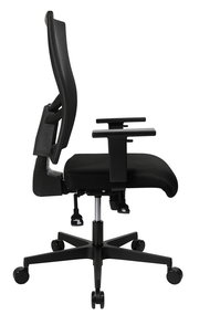 Seitliche Ansicht eines schwarzen Drehstuhls mit verstellbaren Armlehnen und ergonomischer Rückenlehne.