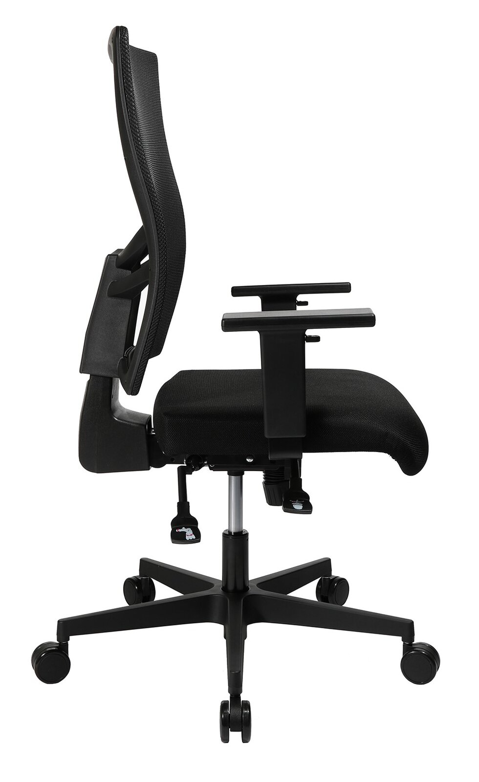 Seitliche Ansicht eines schwarzen Drehstuhls mit verstellbaren Armlehnen und ergonomischer Rückenlehne.