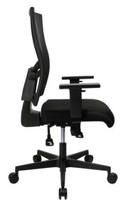 Seitliche Ansicht eines schwarzen Drehstuhls mit verstellbaren Armlehnen und ergonomischer Rückenlehne.