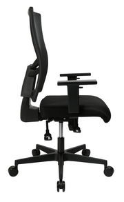 Seitliche Ansicht eines schwarzen Drehstuhls mit verstellbaren Armlehnen und ergonomischer Rückenlehne.