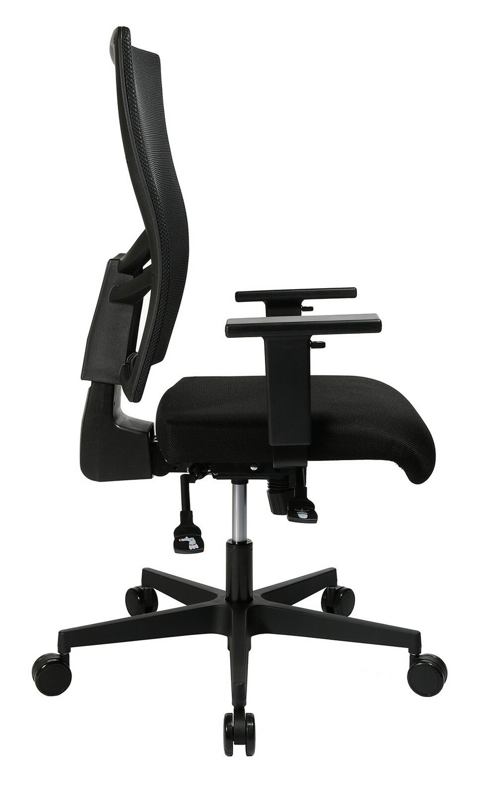 Seitliche Ansicht eines schwarzen Drehstuhls mit verstellbaren Armlehnen und ergonomischer Rückenlehne.