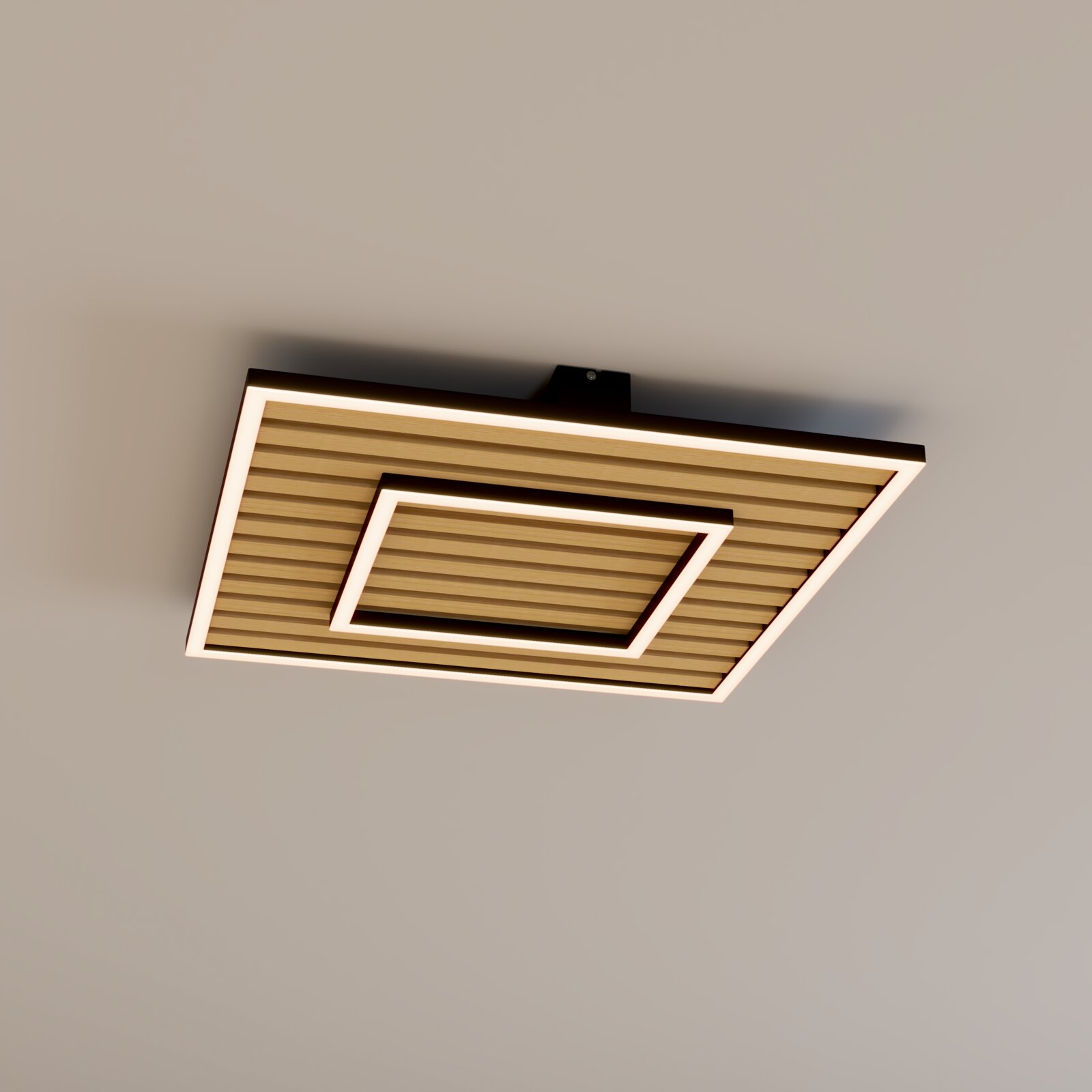 Novel LED-Deckenleuchte KAIRO Moderne quadratische LED-Deckenleuchte mit Holzoptik-Lamellen und zwei leuchtenden Rahmen, an der Decke montiert, Ansicht schräg von unten