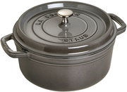 Grauer runder Bräter Cocotte 24cm mit Deckel und seitlichen Griffen, Ansicht von schräg oben