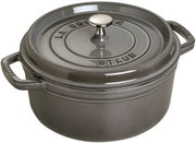Grauer runder Bräter Cocotte 24cm mit Deckel und seitlichen Griffen, Ansicht von schräg oben