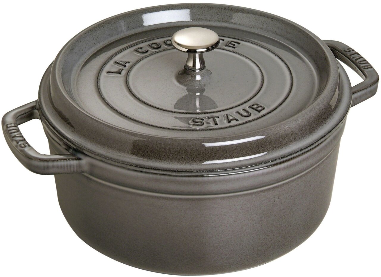 Grauer runder Bräter Cocotte 24cm mit Deckel und seitlichen Griffen, Ansicht von schräg oben