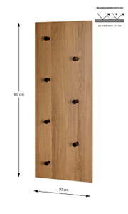 Frontansicht einer 80 x 30 cm großen Wandgarderobe aus Holzoptik mit Melaminharzbeschichtung und sieben schwarzen Haken