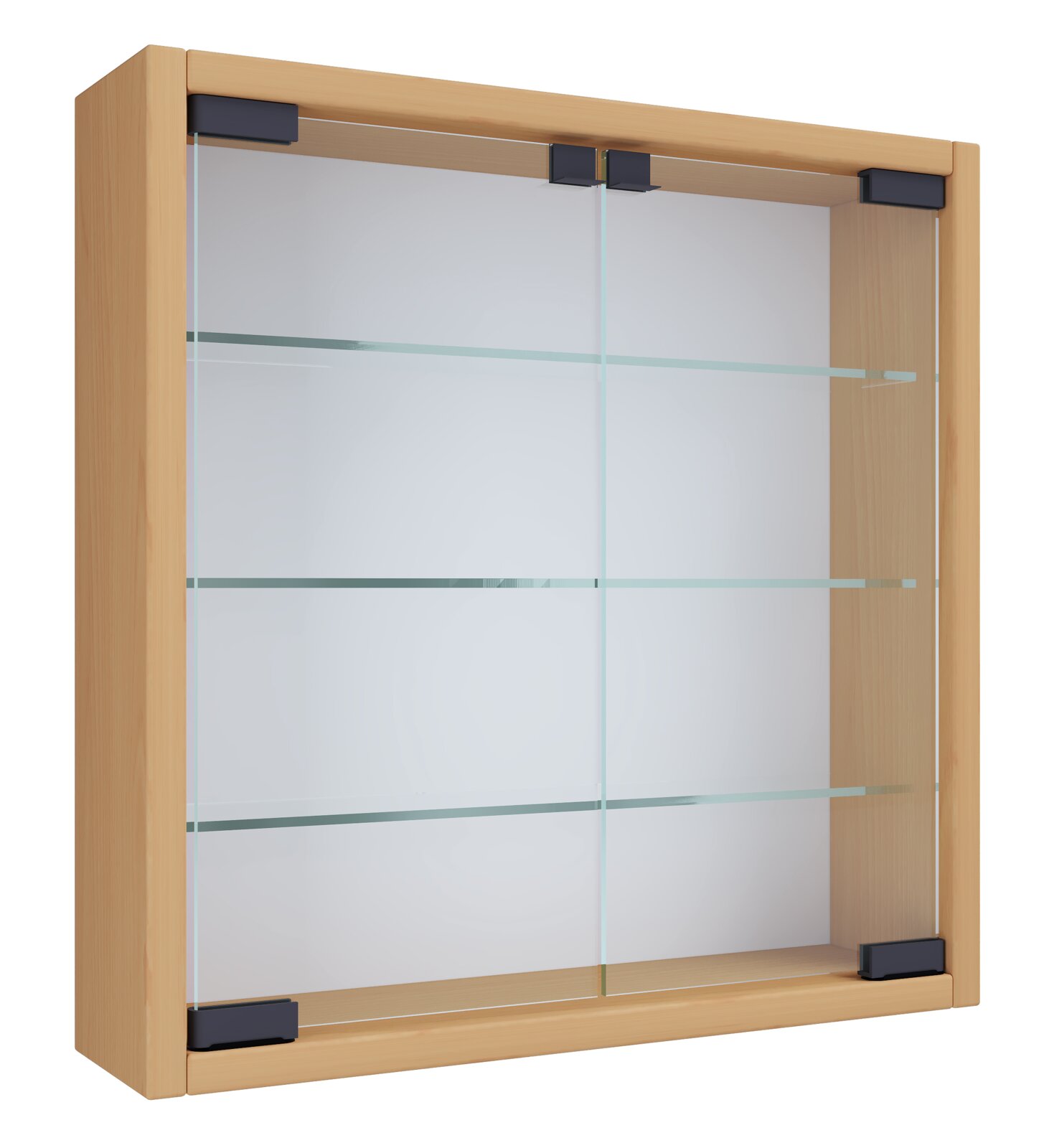 Wandvitrine aus hellem Holz mit Glasschiebetüren und drei Glasböden, dargestellt in schräger Frontansicht (leicht von links).