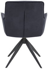 Rückansicht eines modernen Design-Schalensessels mit schwarzem Gestell und dunkelblauer Polsterung.