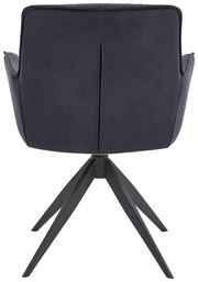 Rückansicht eines modernen Design-Schalensessels mit schwarzem Gestell und dunkelblauer Polsterung.