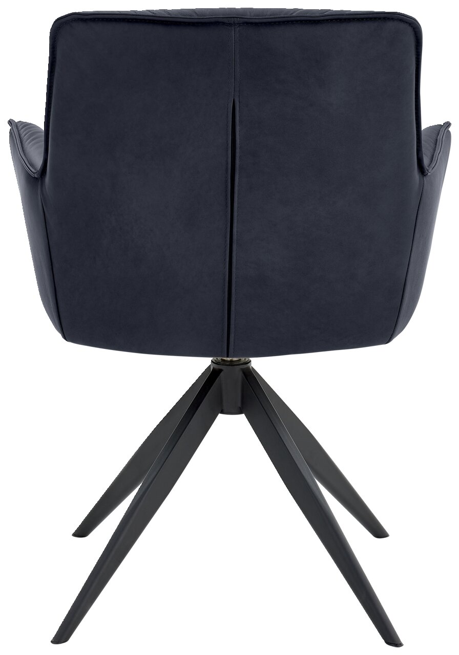 Rückansicht eines modernen Design-Schalensessels mit schwarzem Gestell und dunkelblauer Polsterung.