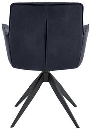 Rückansicht eines modernen Design-Schalensessels mit schwarzem Gestell und dunkelblauer Polsterung.