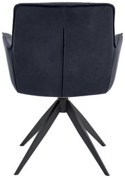 Rückansicht eines modernen Design-Schalensessels mit schwarzem Gestell und dunkelblauer Polsterung.