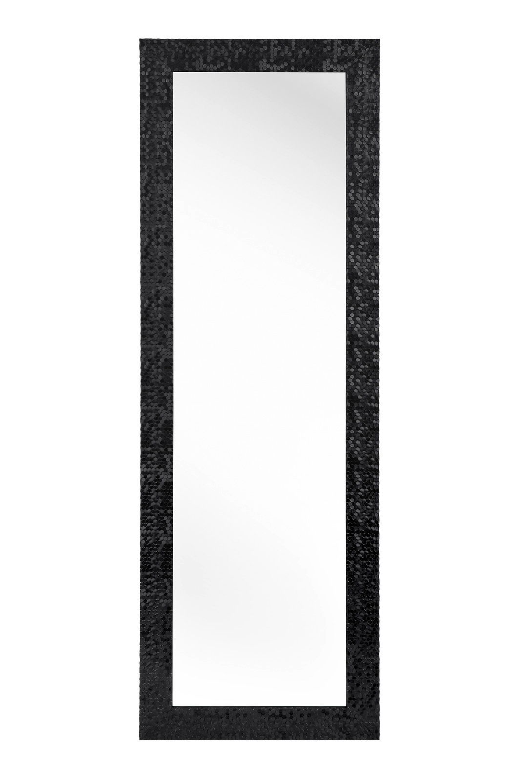 Rechteckiger Spiegel mit schwarzem, strukturiertem Rahmen, frontal abgebildet