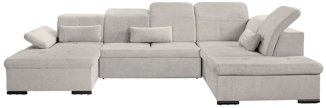 Graues Ecksofa mit verstellbaren Kopfstützen und Kissen, Vorderansicht