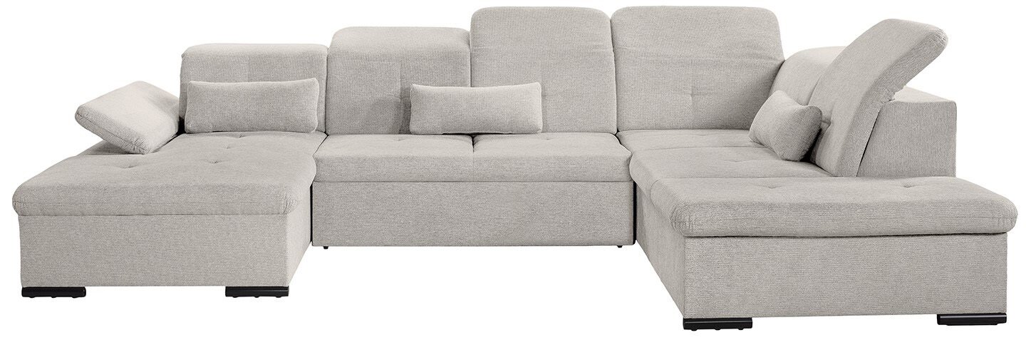 Graues Ecksofa mit verstellbaren Kopfstützen und Kissen, Vorderansicht