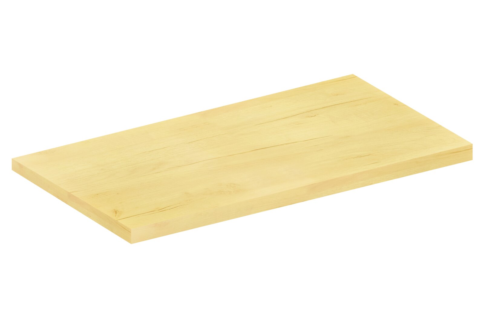 Rechteckige helle Holzplatte mit sichtbarer Maserung, freigestellt auf weißem Hintergrund, in schräger Perspektive von oben (3/4-Ansicht)