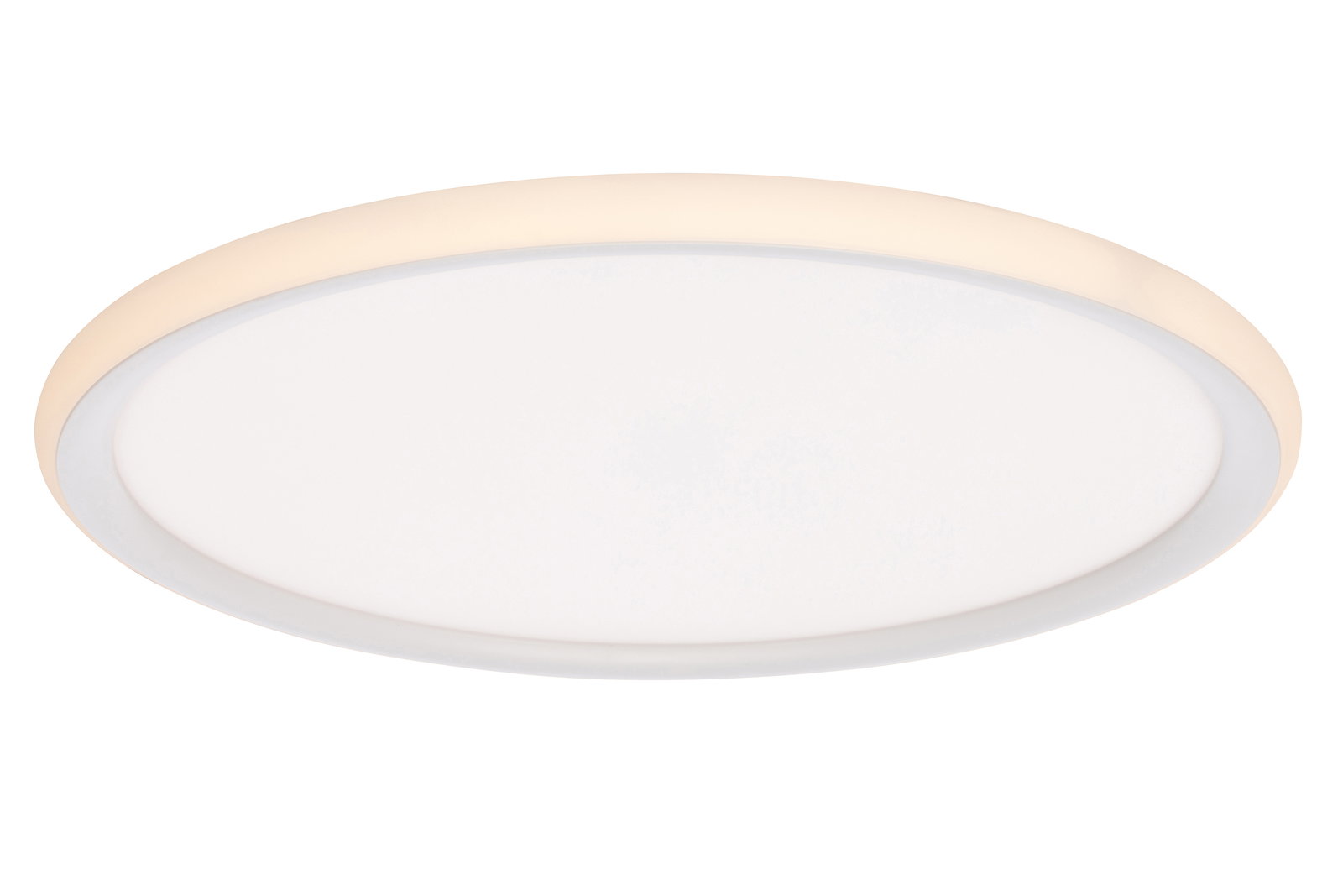 Novel LED-Deckenleuchte Runde LED-Deckenleuchte in seitlicher Perspektive mit warmweißer Lichtabstrahlung