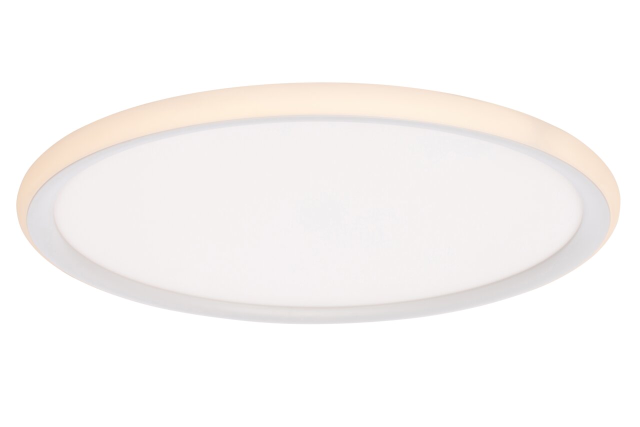 Novel LED-Deckenleuchte Runde LED-Deckenleuchte in seitlicher Perspektive mit warmweißer Lichtabstrahlung