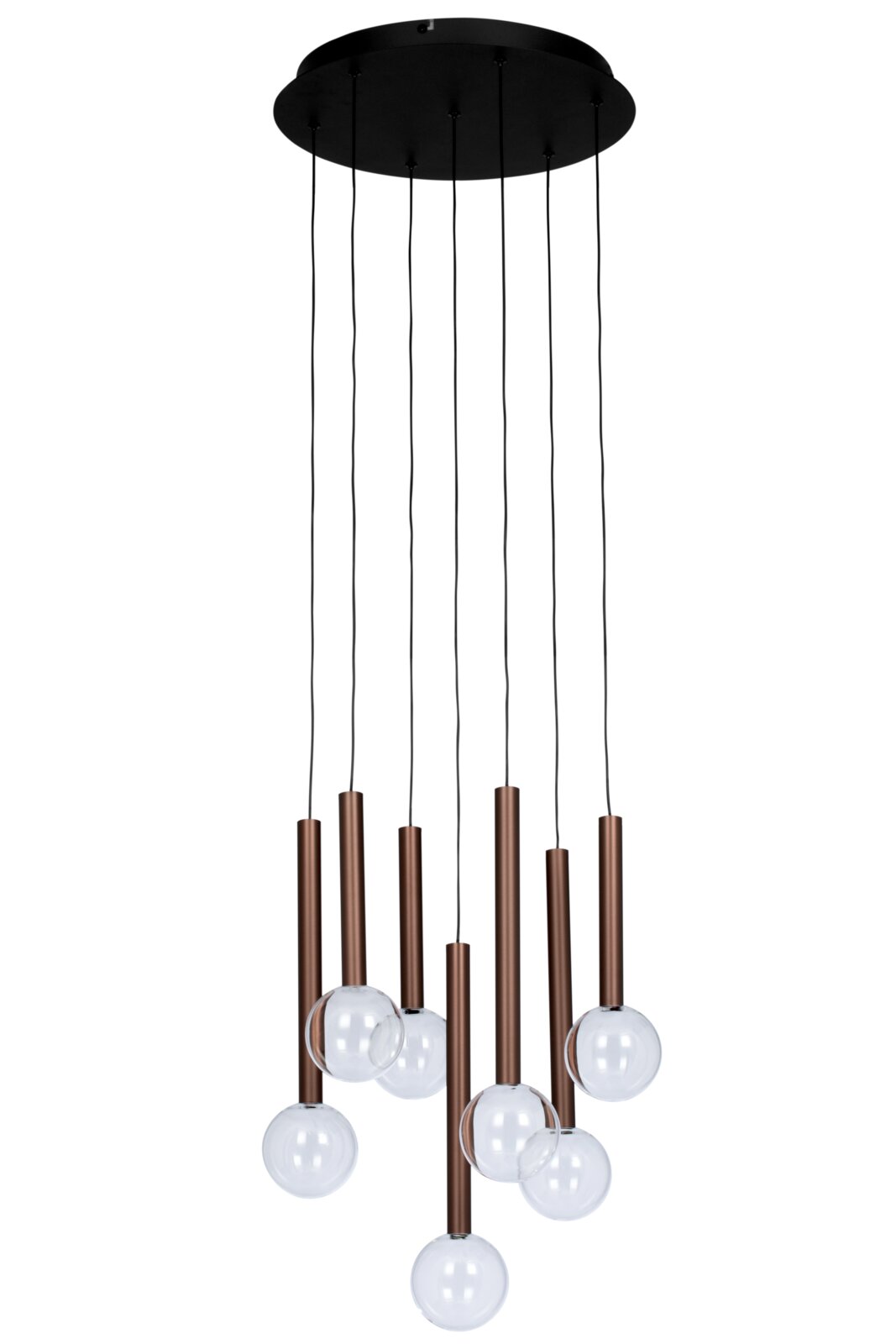 Moderne LED-Hängeleuchte mit mehreren hängenden Glühbirnen in einer frontalen Perspektive.