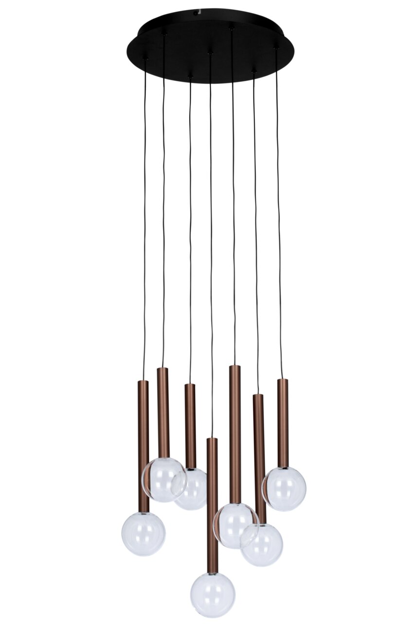 Moderne LED-Hängeleuchte mit mehreren hängenden Glühbirnen in einer frontalen Perspektive.