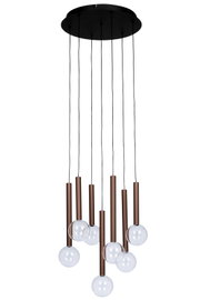 Moderne LED-Hängeleuchte mit mehreren hängenden Glühbirnen in einer frontalen Perspektive.