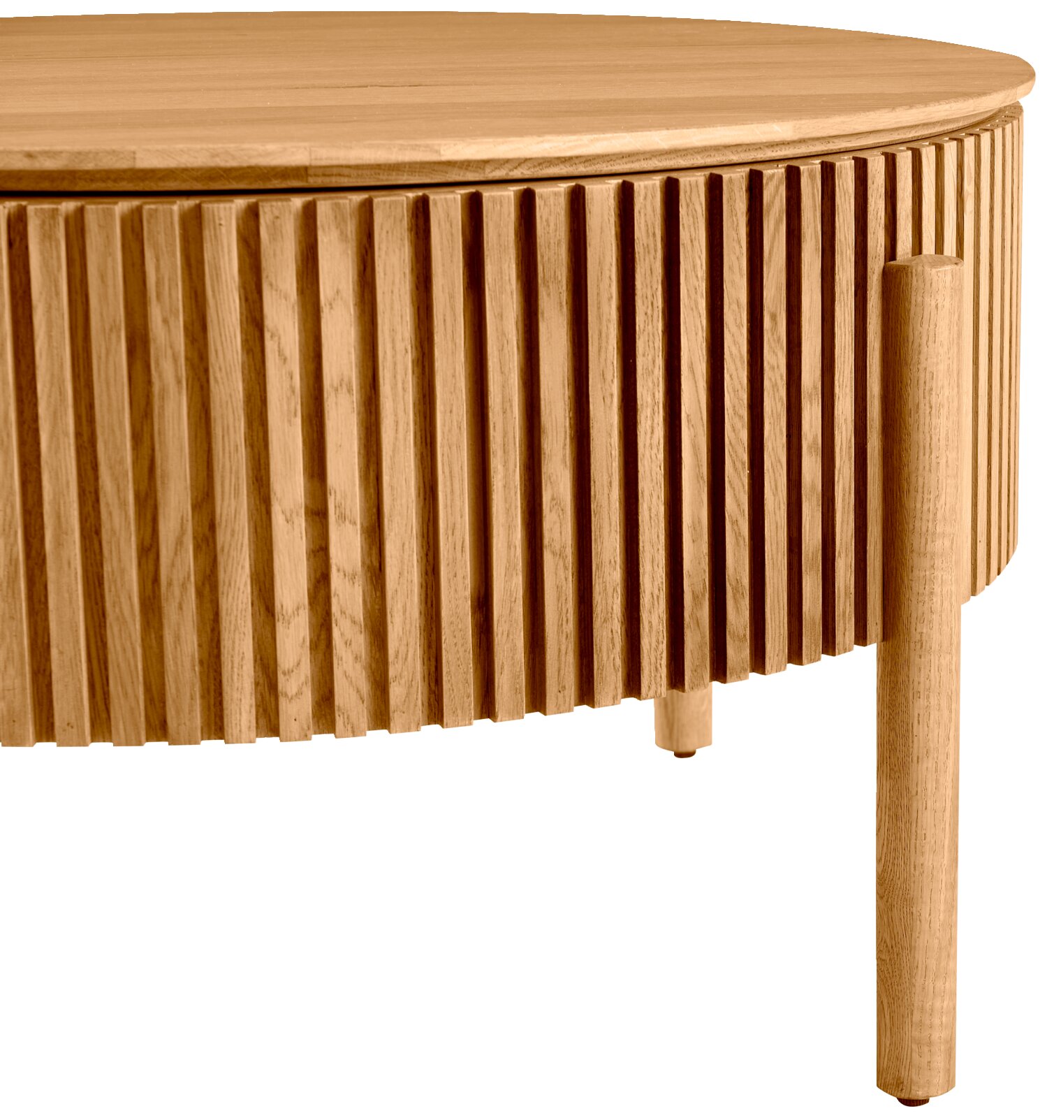 Runder Couchtisch aus Holz mit vertikalen Rillen, seitliche Perspektive