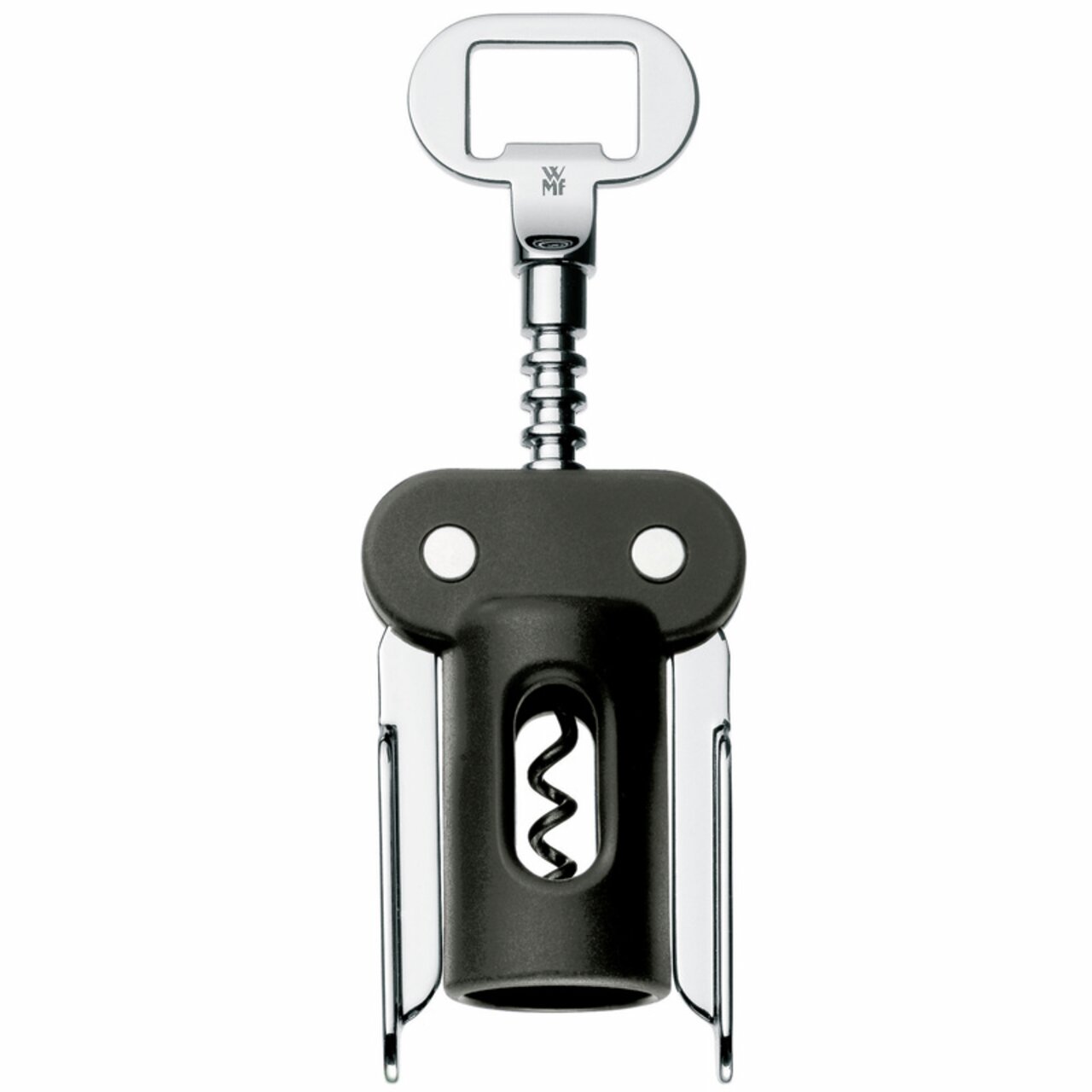 WMF Korkenzieher Hebelkorkenzieher C&M in Frontalansicht mit schwarzem Griff und silbernen Hebeln.