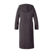 Rückansicht eines grauen Kapuzenbademantels in Größe XL mit Gürtel.