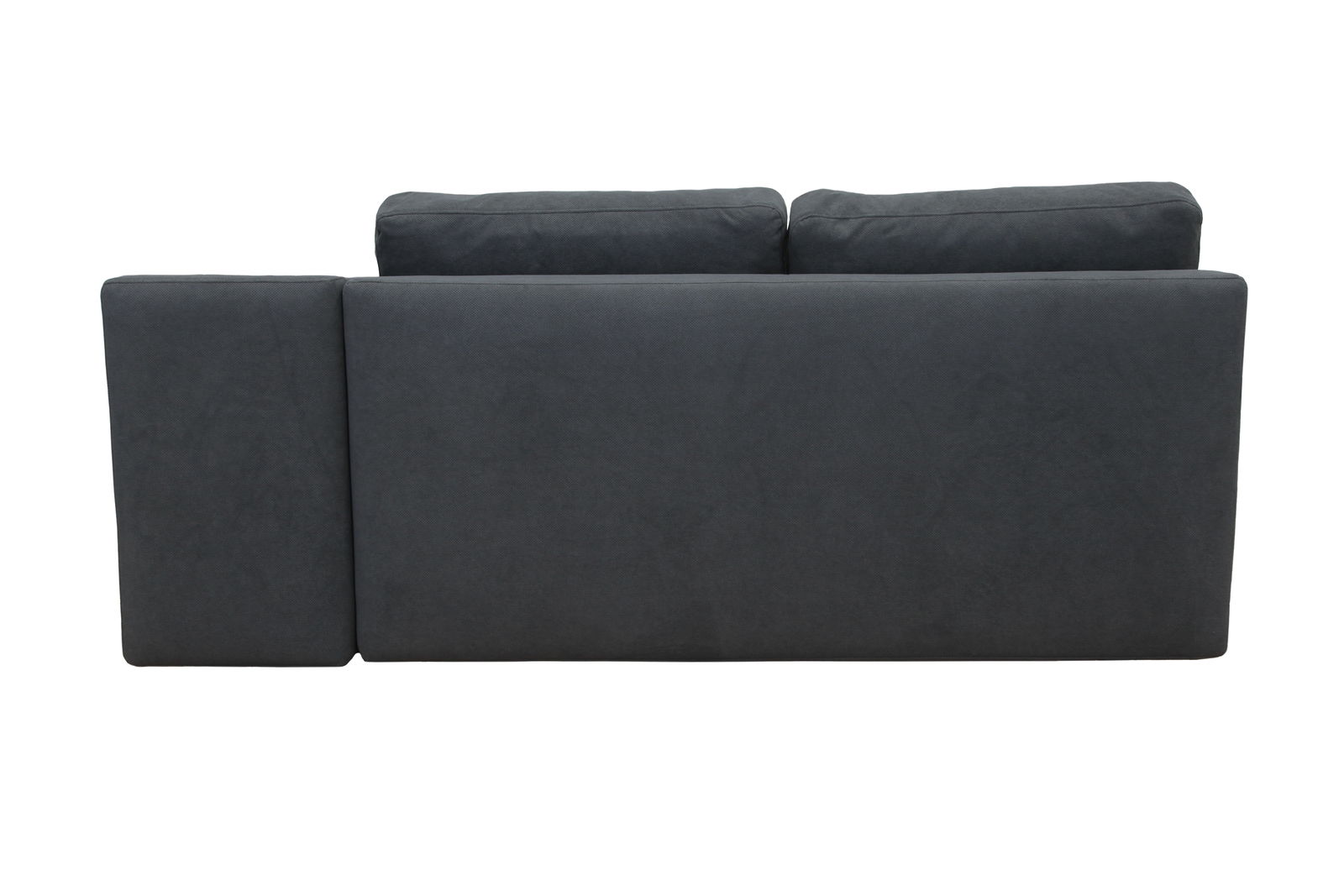 Rückansicht eines dunkelgrauen Funktionssofas mit zwei Rückenkissen.