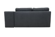 Rückansicht eines dunkelgrauen Funktionssofas mit zwei Rückenkissen.