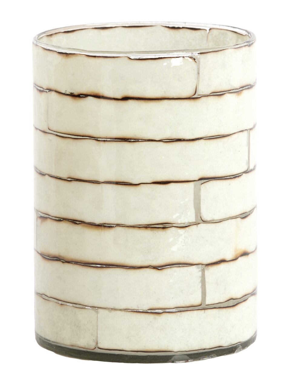 Light&Living Teelicht DRONERI 20cm Zylindrisches Teelicht aus Glas mit einem Muster aus horizontalen, rechteckigen Segmenten in Cremefarbe und dunklen Akzenten, seitliche Perspektive.