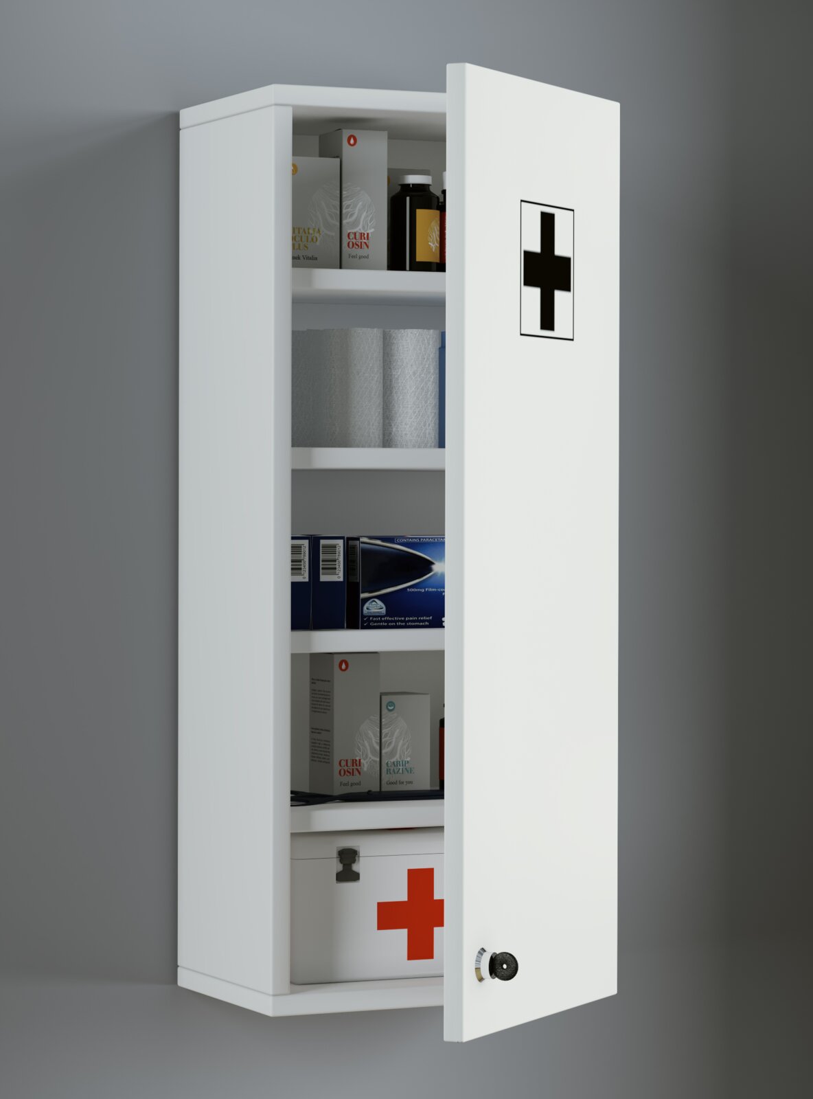 Weißer Medizinschrank/Erste-Hilfe-Schrank mit geöffnetem Türflügel und schwarzem Kreuz, Innenansicht mit Verbandsmaterial, Medikamenten und Erste-Hilfe-Box, Perspektive: leicht schräg von vorne